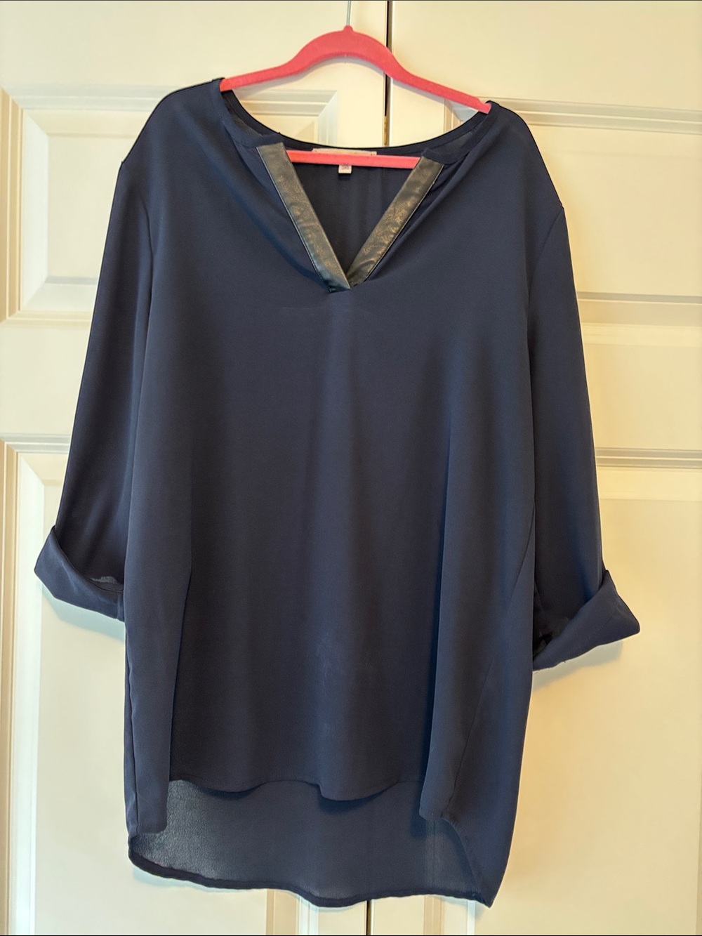 41 Hawthorn Navy V-Neck Roll-Tab Blouse with Faux-Leather Trim